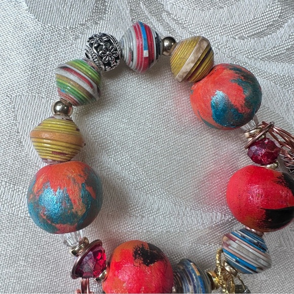 Handmade Charm Bracelet with Hand-Painted Beads & Wire-Wrapped Accents 6-7 3130 - Picture 12 of 13